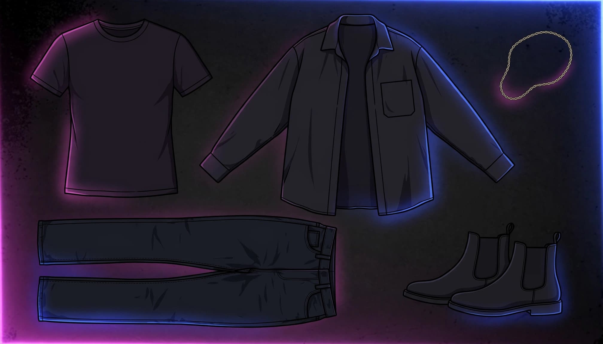 Jeans, a graphic tee, an open overshirt, a chain, and boots arranged on a dark floor.