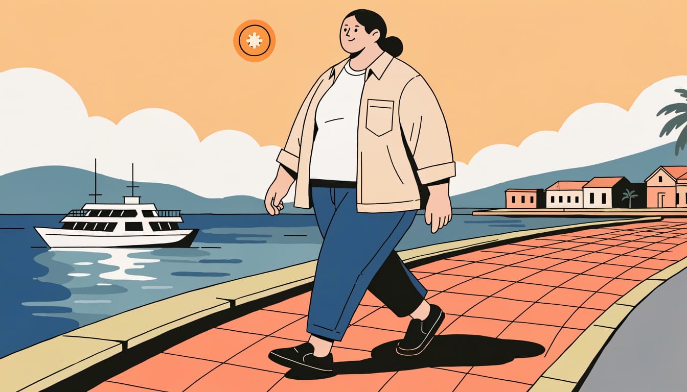 A traveler in a light overshirt and walking shoes strolls beside a sunny harbor.
