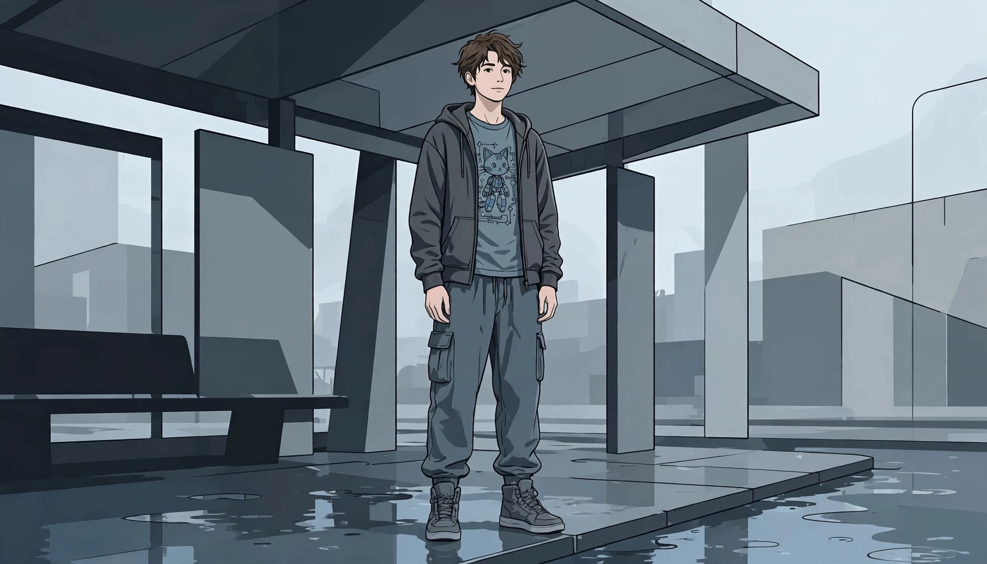 A young adult in layered streetwear stands at a covered transit stop on wet pavement.