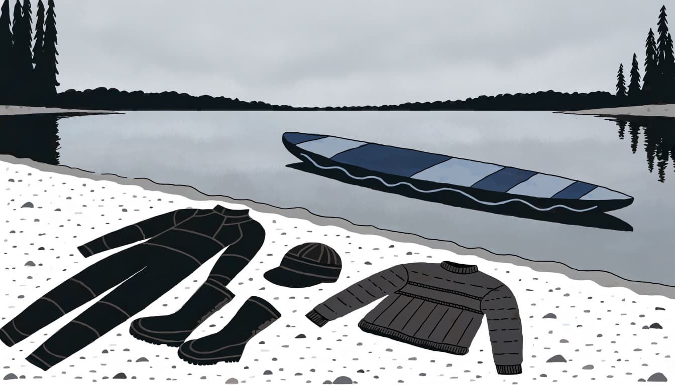 A paddleboard and neatly arranged cold-water gear beside a gray lake.