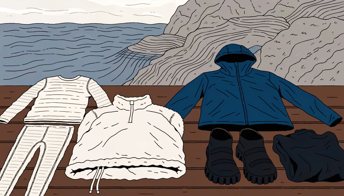 Layered river clothing, a folded wetsuit, and shoes sit on a bench by the water.