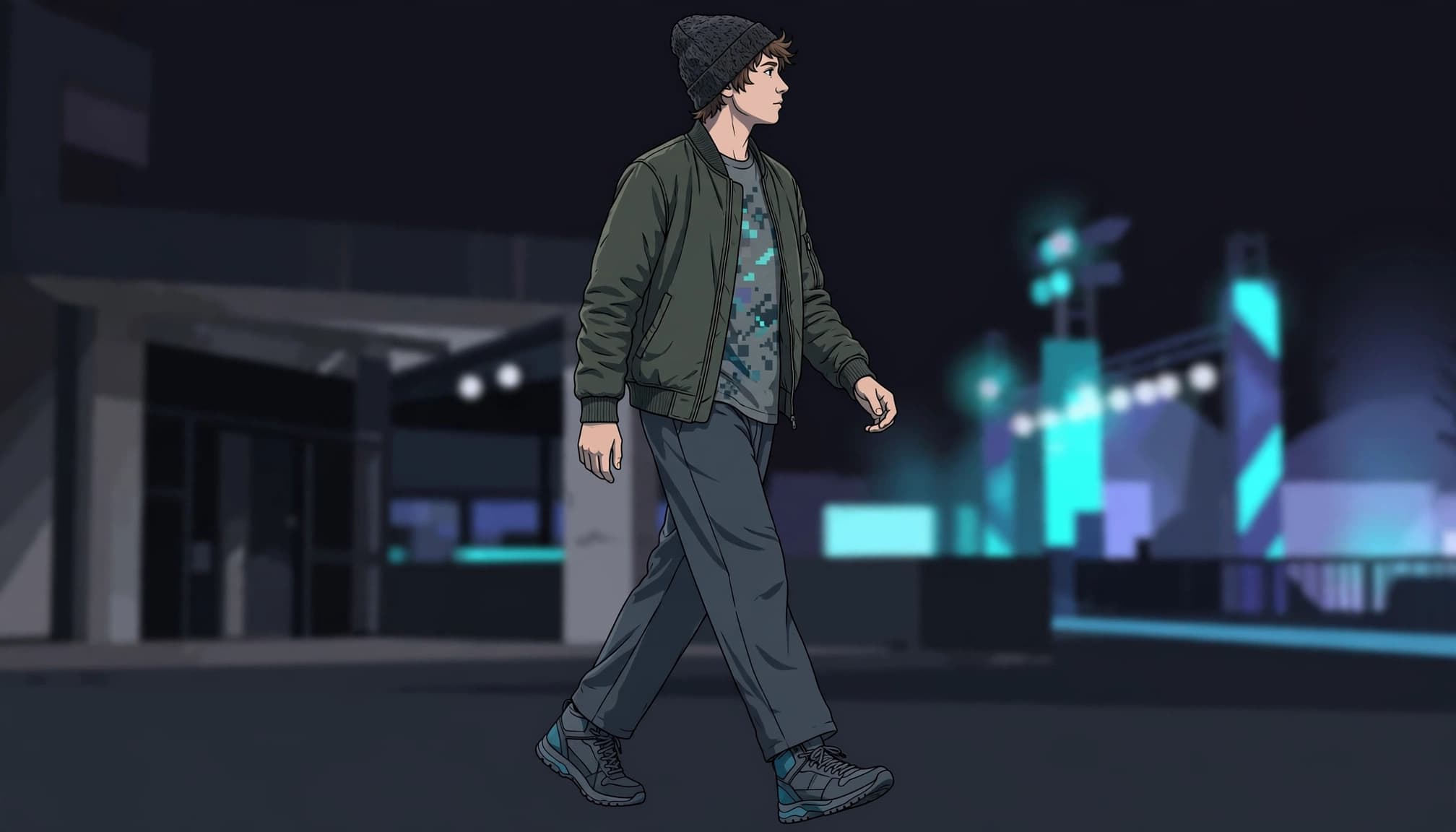 Young adult in layered streetwear walking toward glowing esports event lights.
