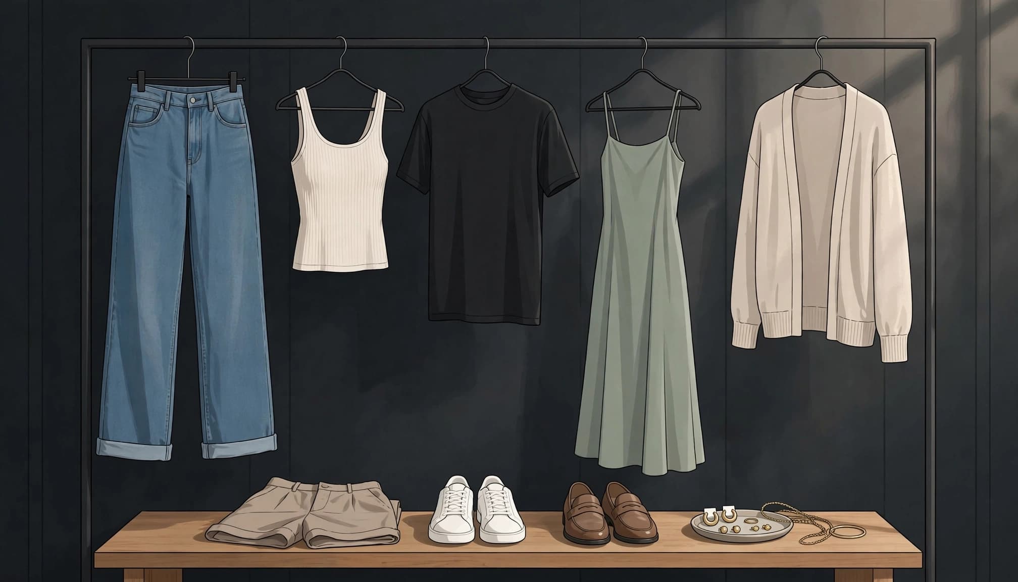 College basics arranged on a clothing rack and bench with shoes and jewelry.