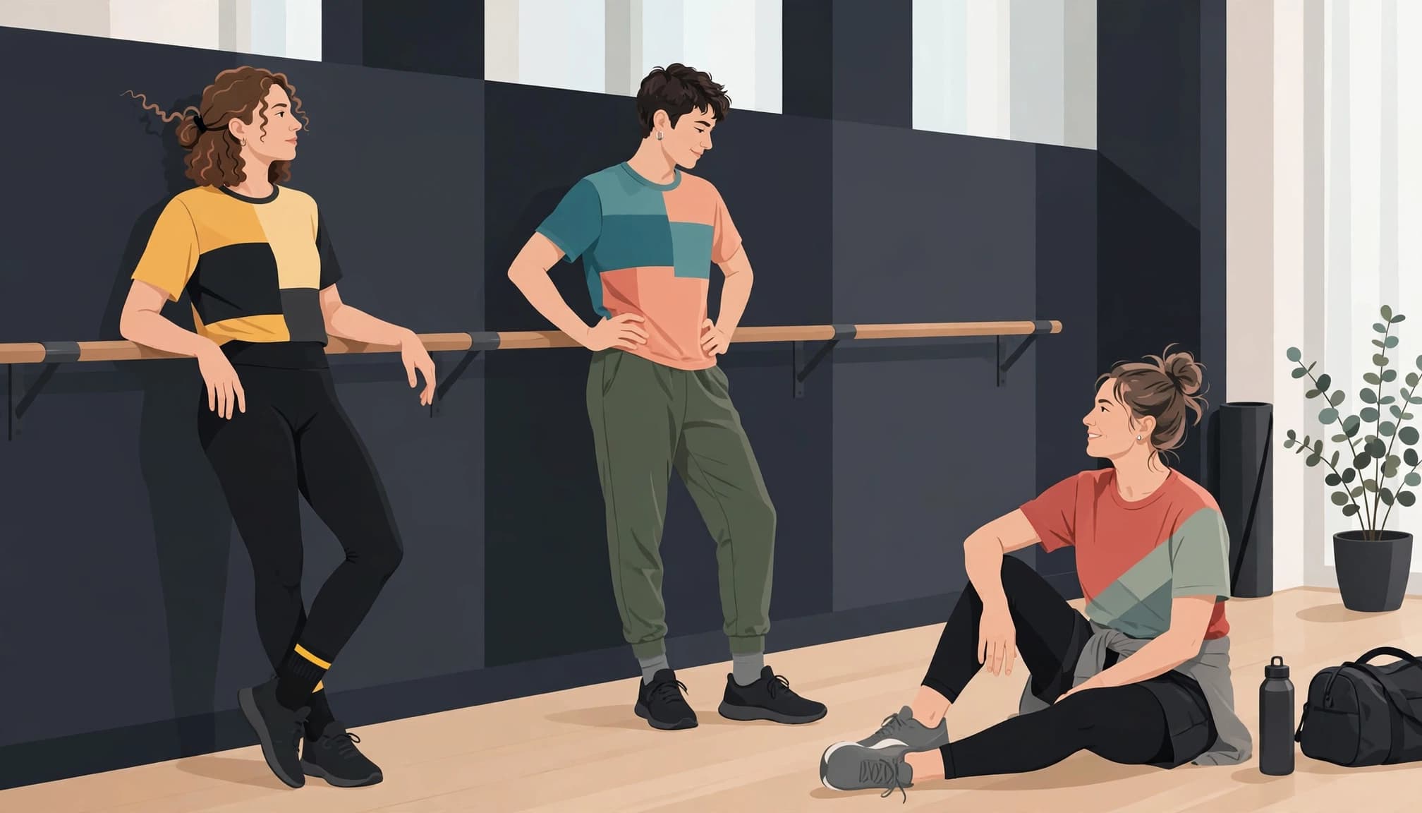 Three dancers pause in colorful practice clothes beside a studio barre.