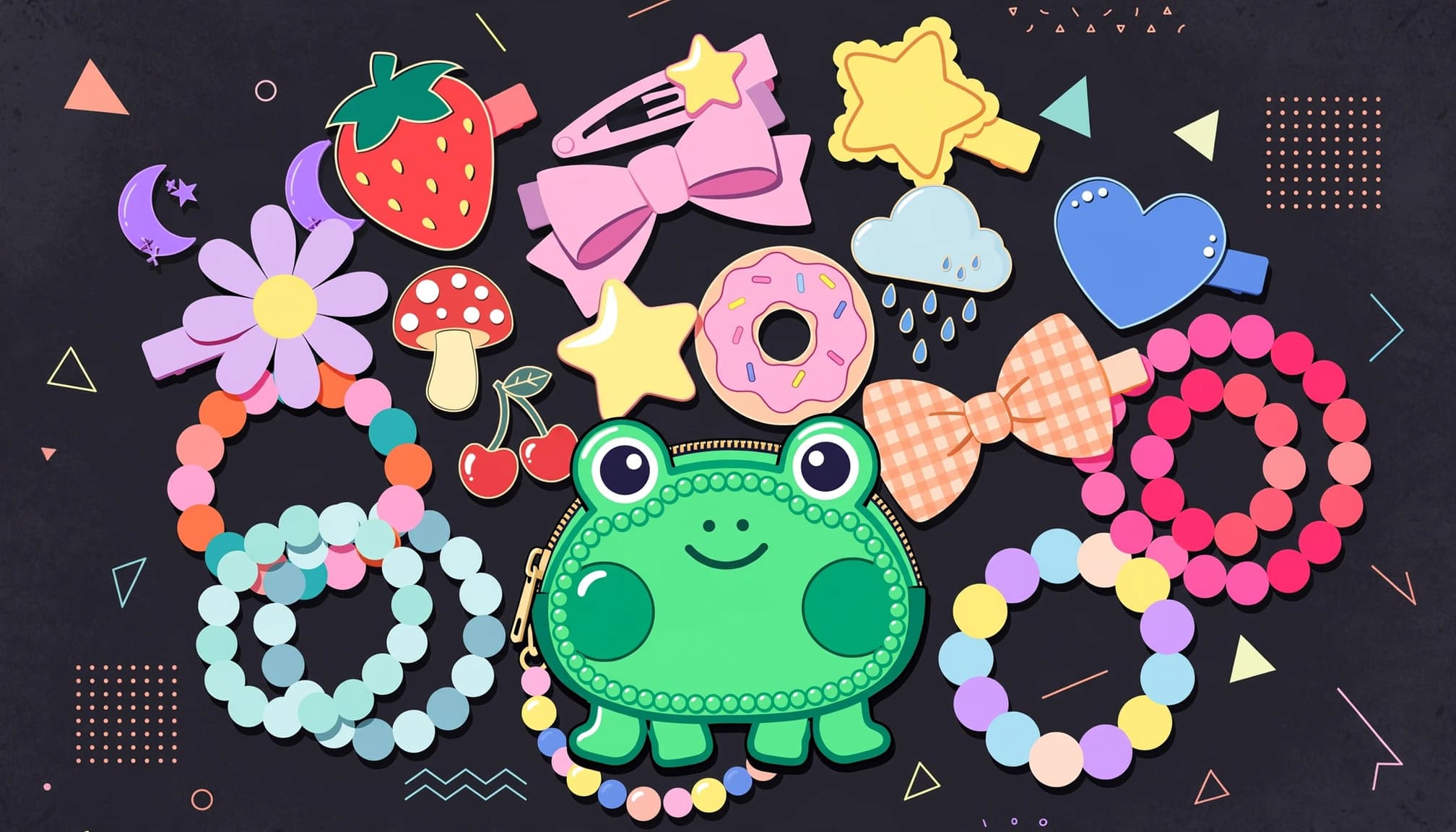 Colorful clips, pins, bracelets, and a character-shaped bag arranged on a dark surface.