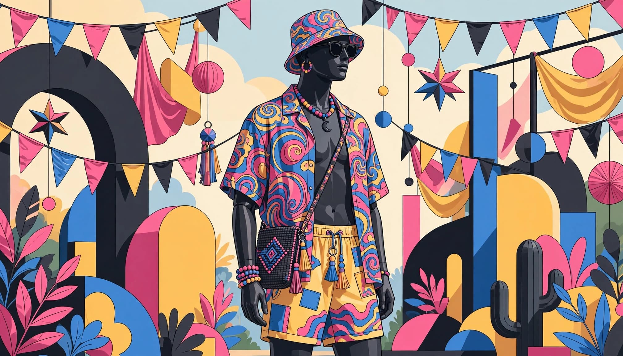 A mannequin in a bright printed shirt, shorts, bucket hat, and sunglasses at a colorful festival display.