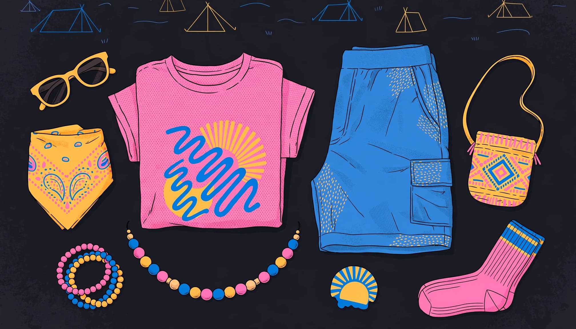 A graphic tee, loose shorts, and bright accessories arranged on a dark background.
