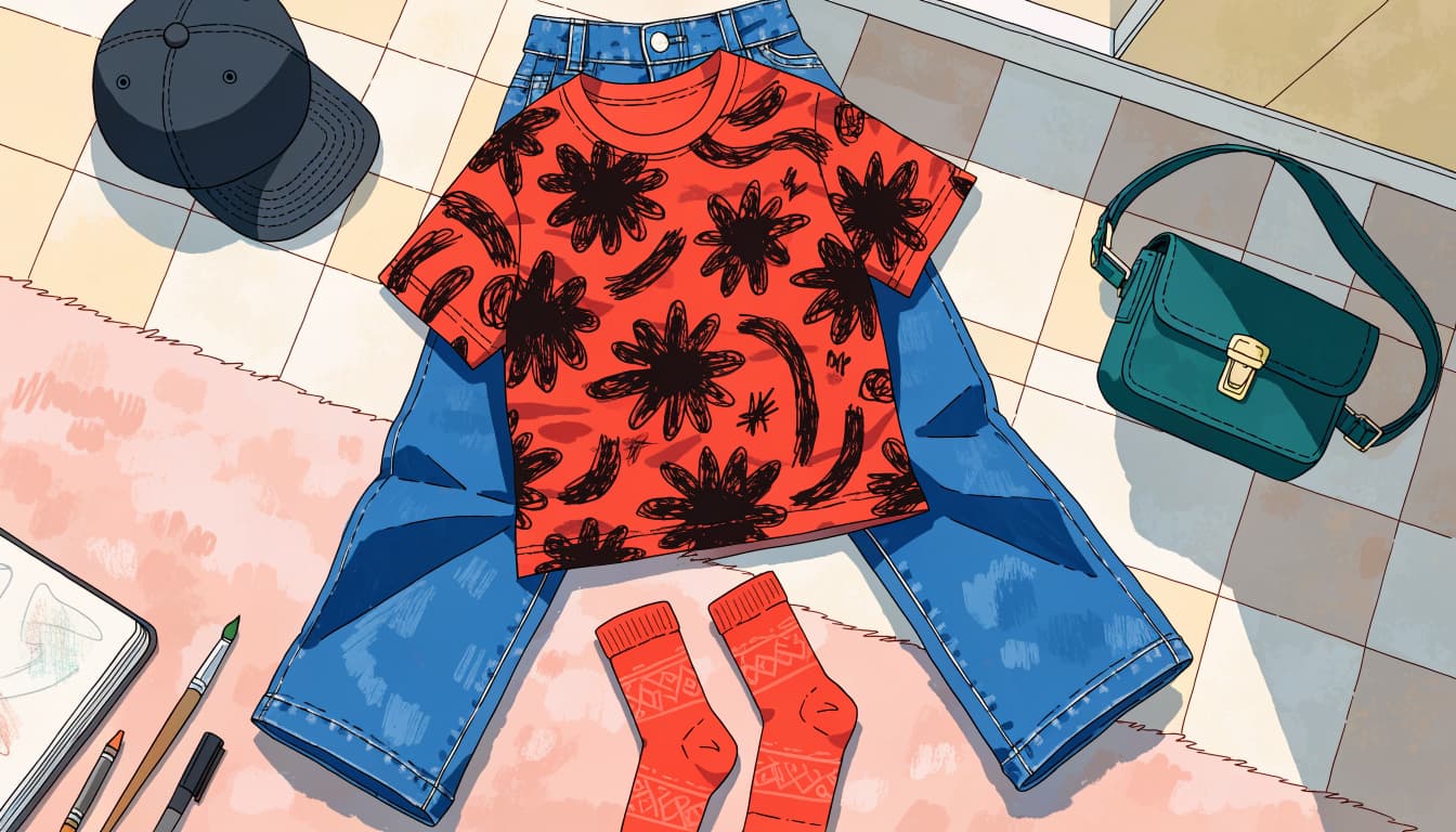 A graphic T-shirt, jeans, colorful socks, cap, and small bag arranged on a bedroom rug.