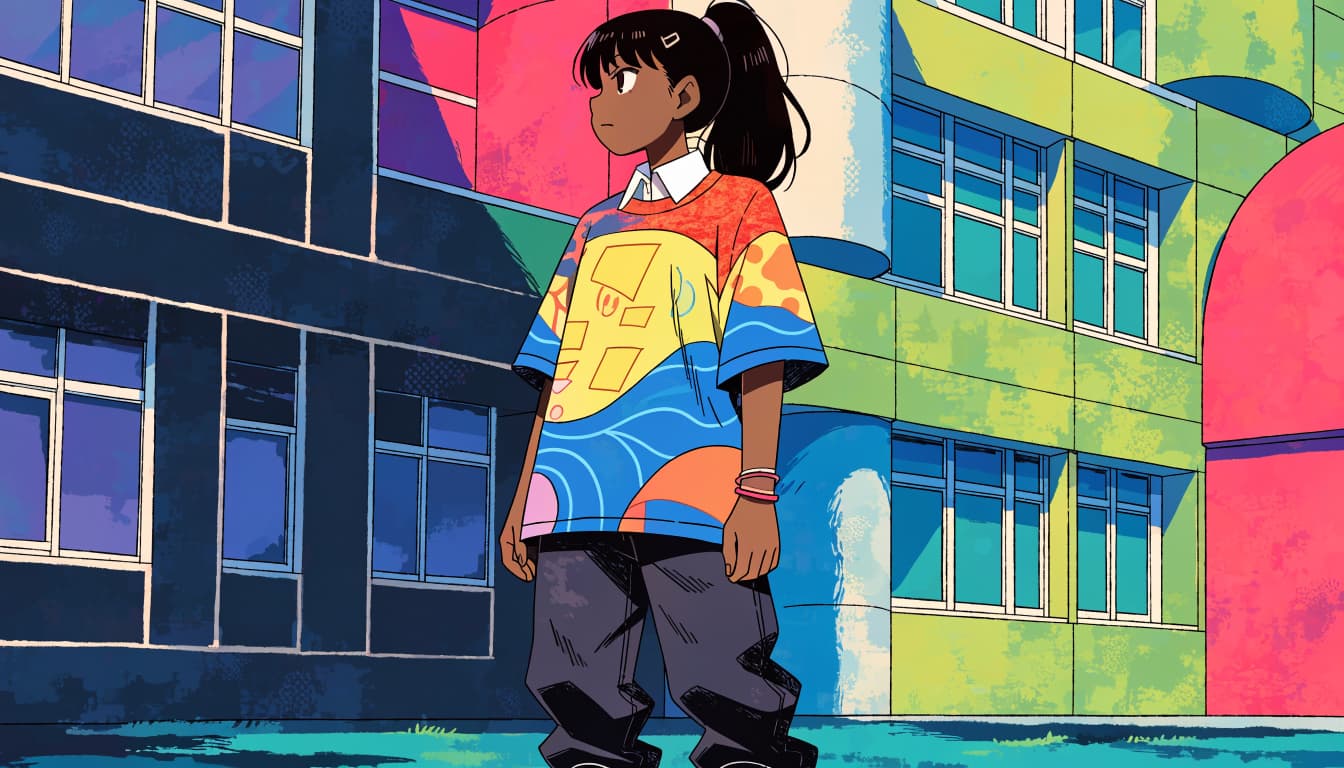 A girl in a colorful graphic tee and dark jeans stands before a bright courtyard mural.