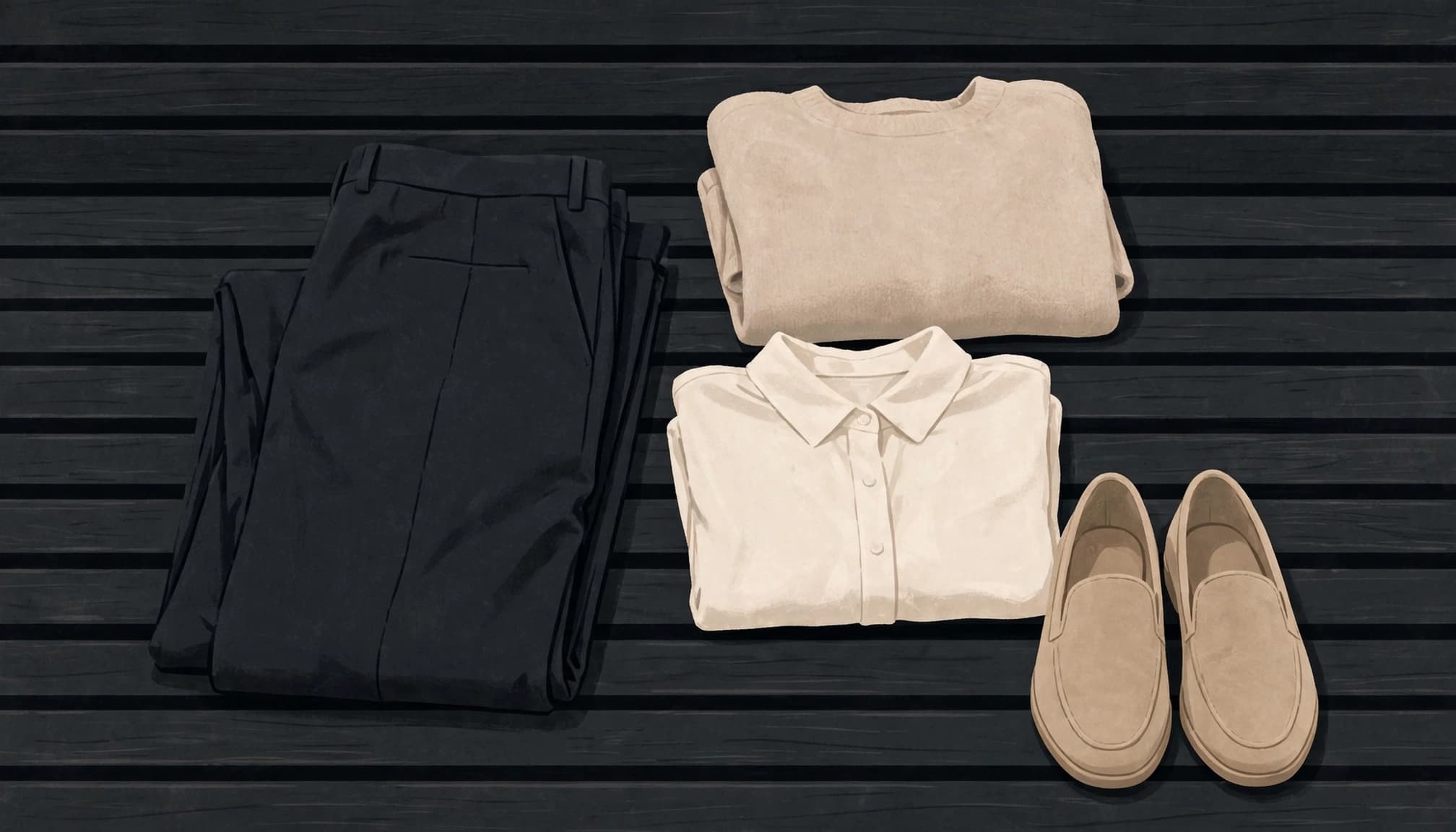 A sweater, blouse, dark slacks, and low-profile shoes arranged together.