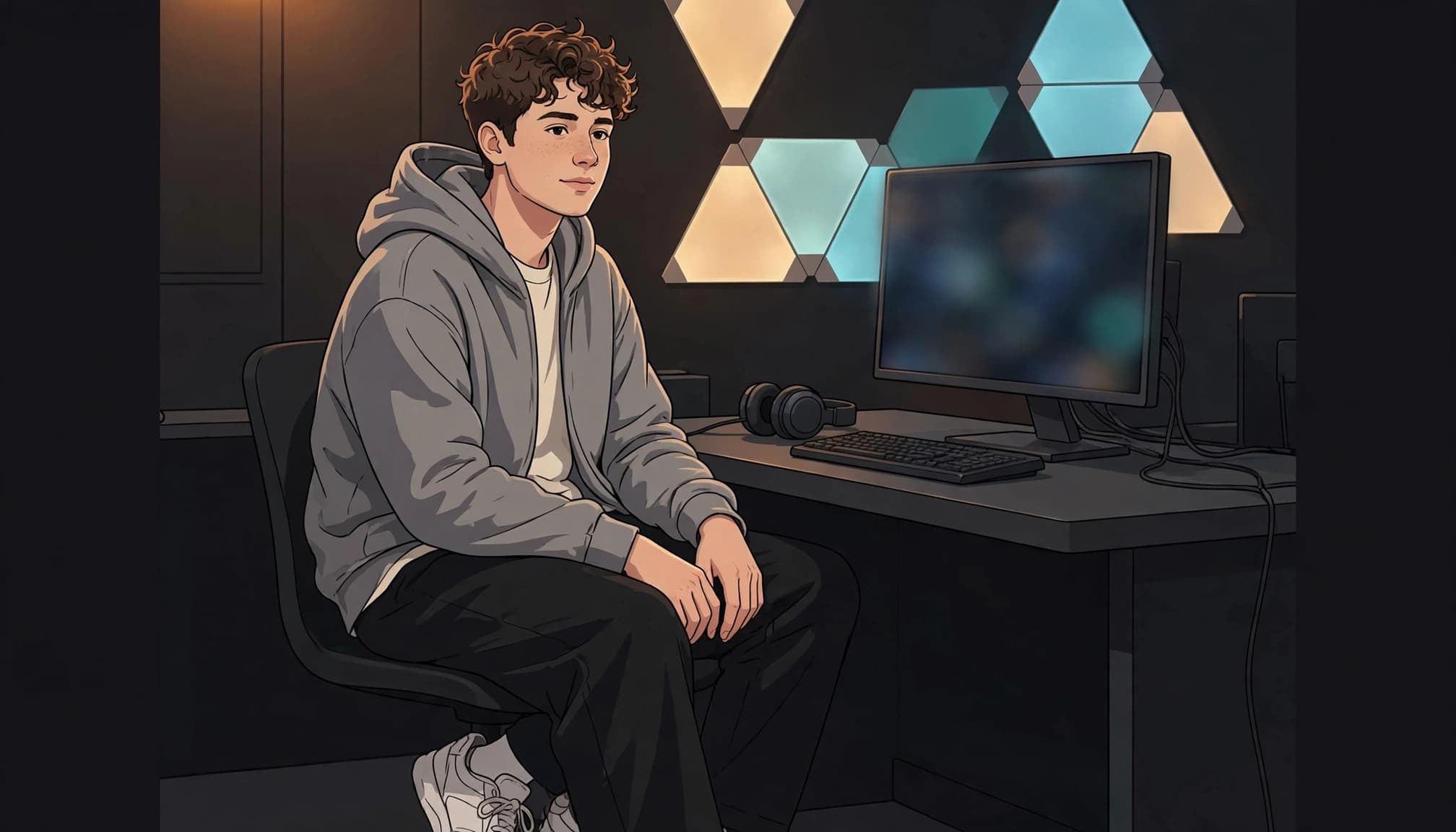 A seated gamer wears a hoodie and sneakers at a LAN table.
