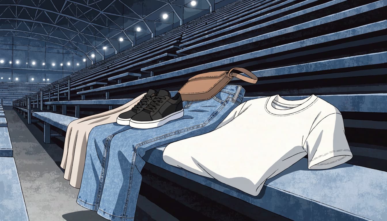 Folded casual clothes, sneakers, and a small bag rest on an empty arena seat.