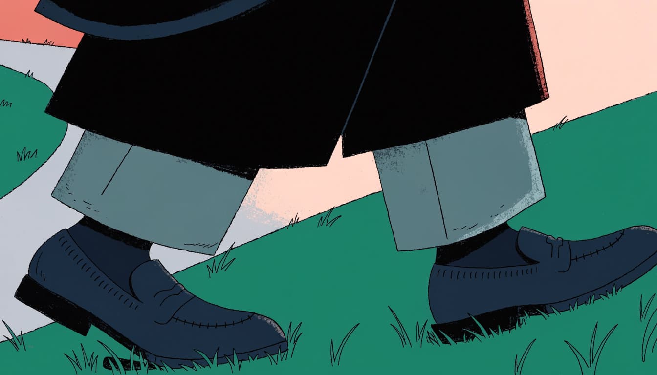A graduate in formal trousers and worn flats walks across grass beside a paved path.