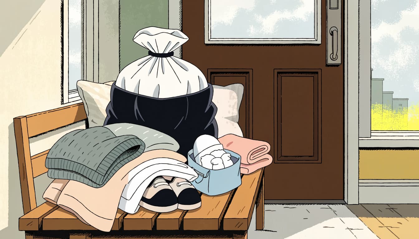 A small bag and neatly arranged clothes sit on a bench by the front door.