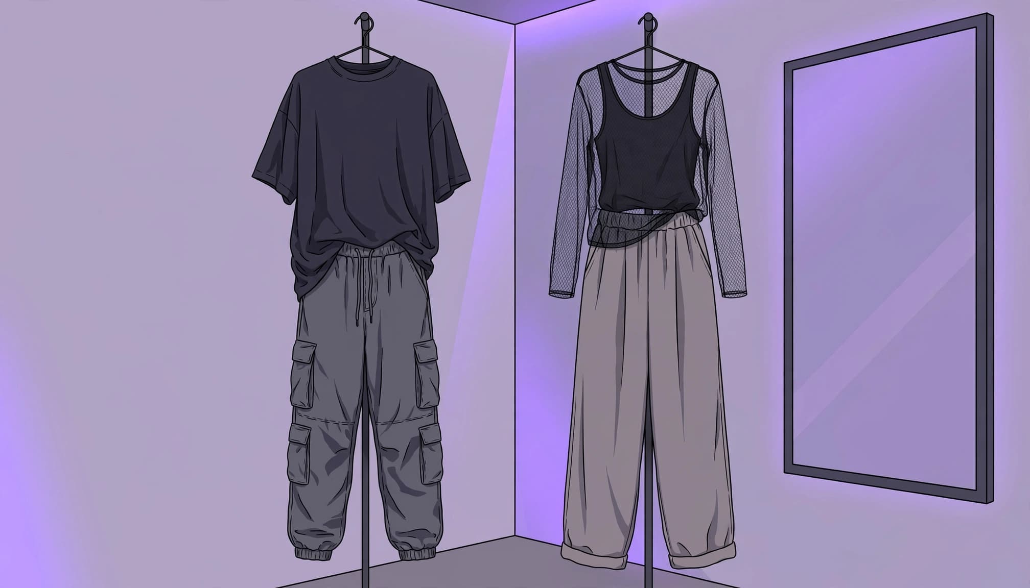 Two concert outfits hang side by side beside a mirror in violet light.