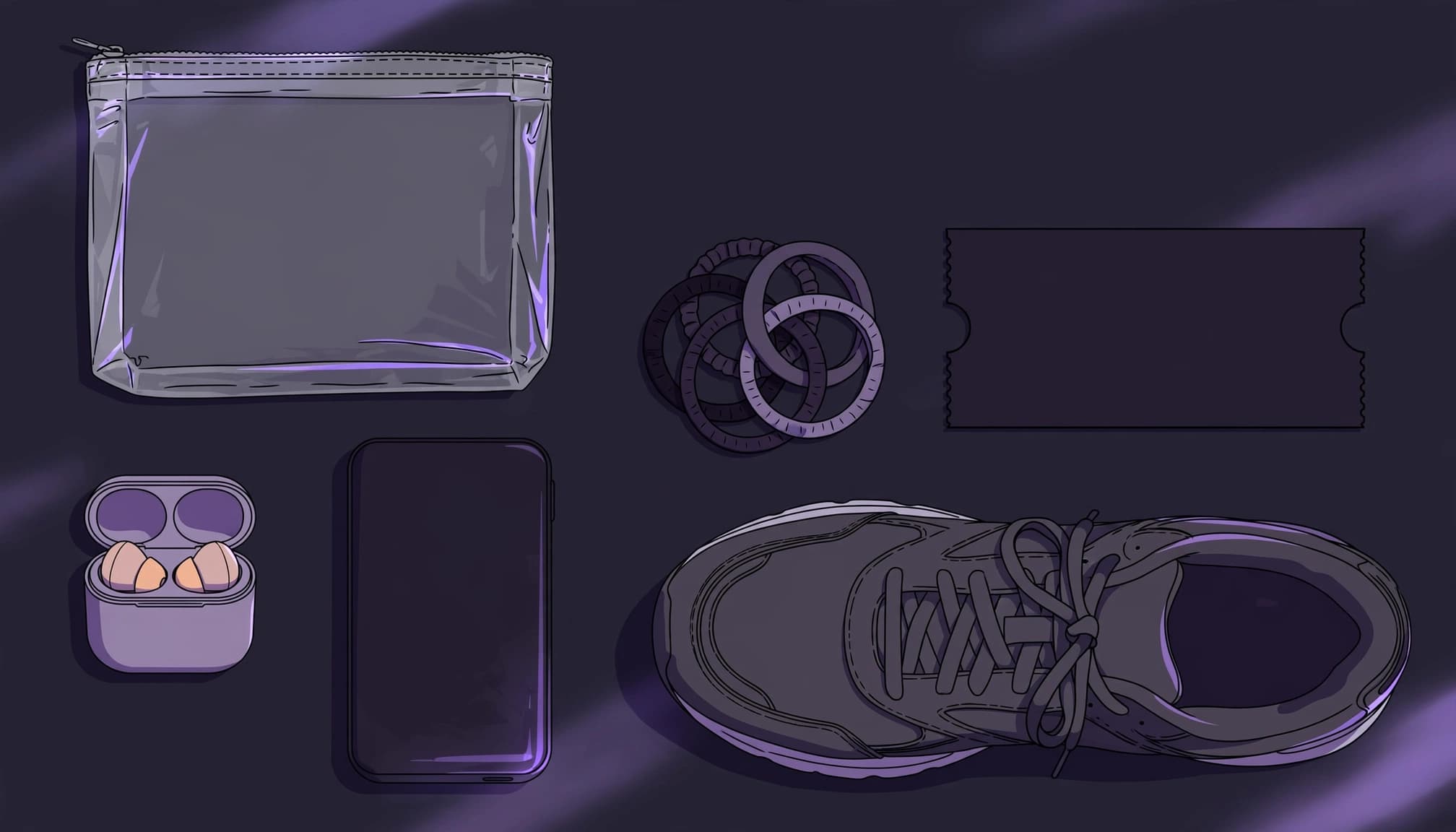 Concert essentials and walking shoes arranged on a dark tabletop.