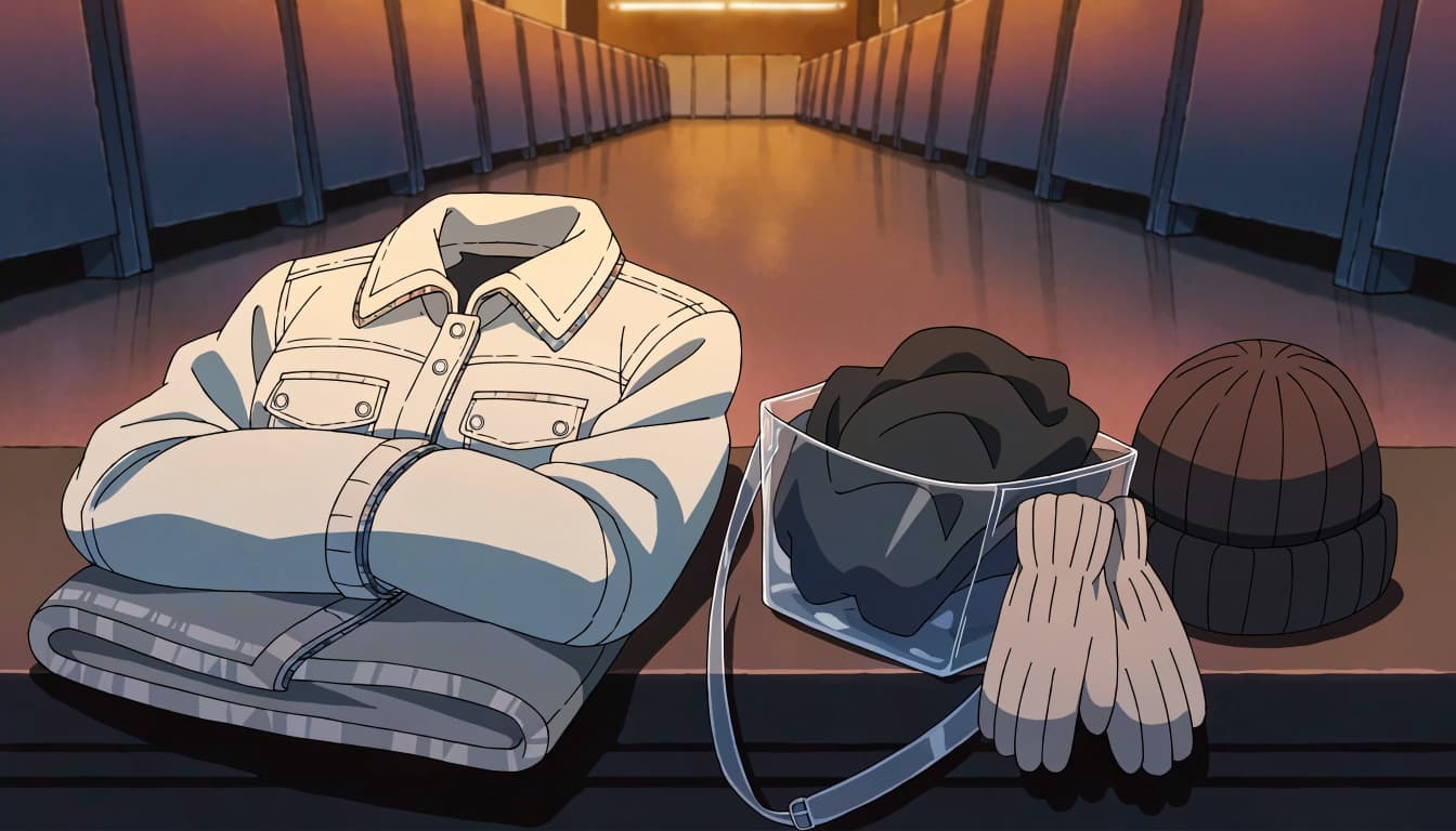 A clear bag, folded coat, knit gloves, and beanie rest on an arena entry bench.