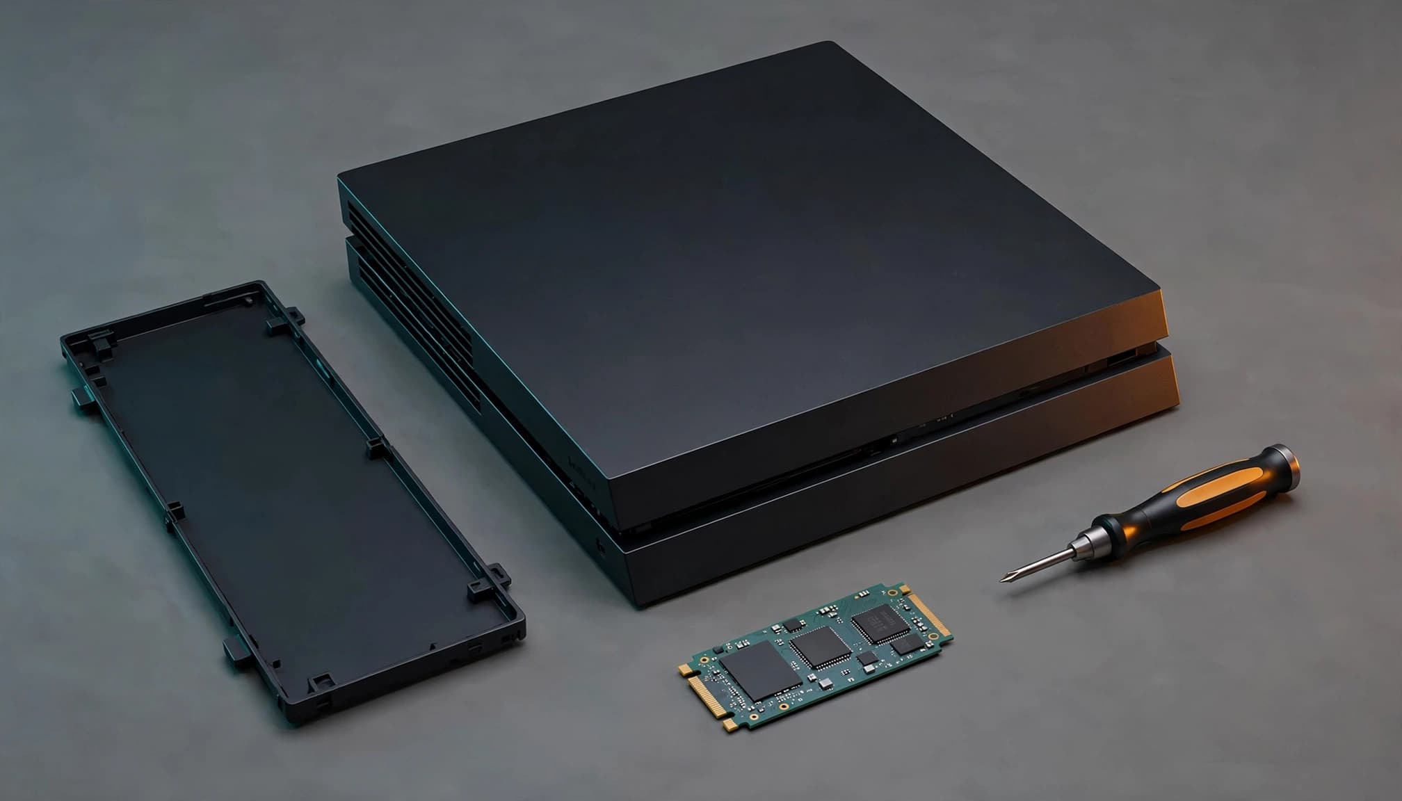 A console side panel, compact SSD, and tiny screwdriver arranged on a tabletop.