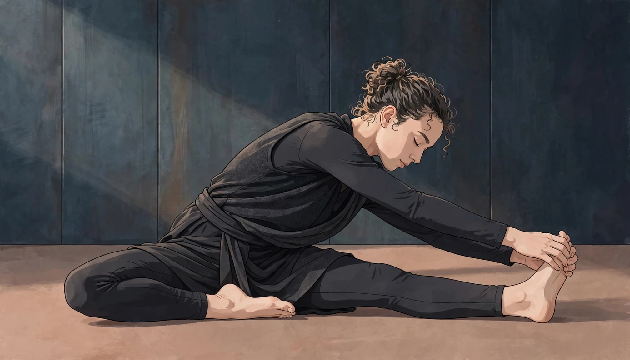 A barefoot dancer in charcoal clothing stretches across a warm studio floor.