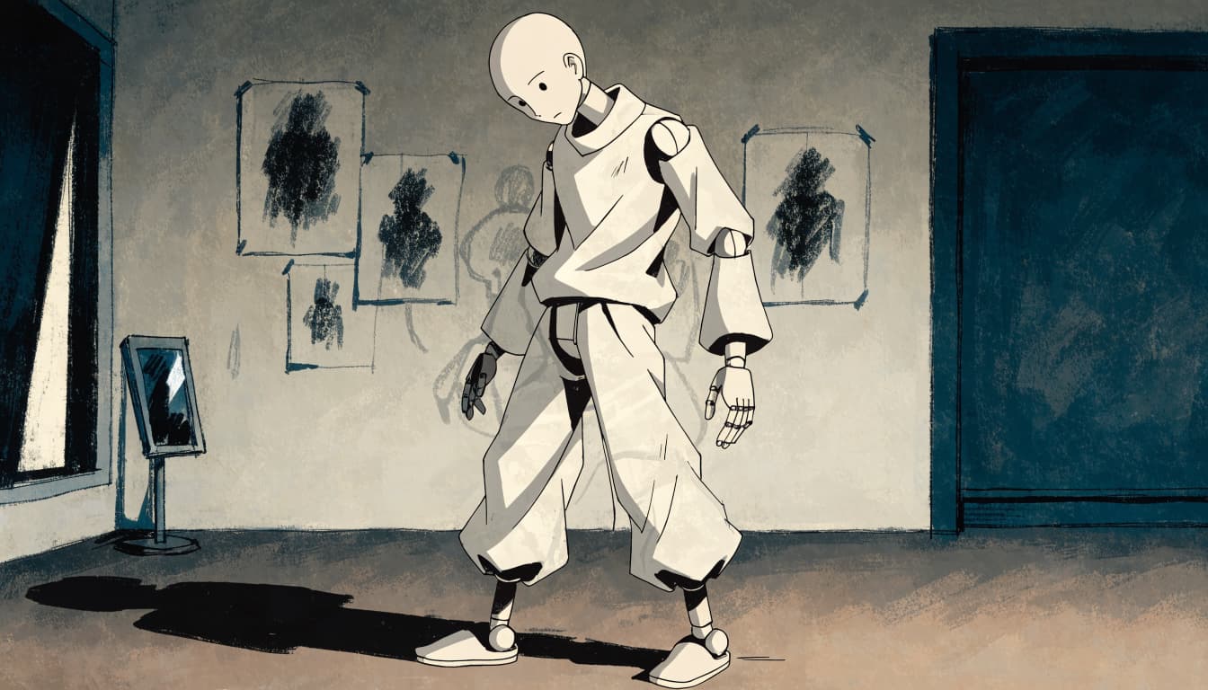 An articulated artist mannequin stands in a studio with charcoal drawings on the wall.