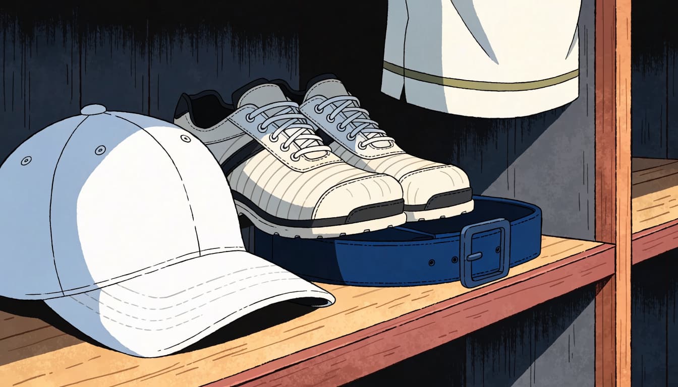 A white cap, navy belt, cream golf shoes, and folded polo cuff on a wooden shelf.