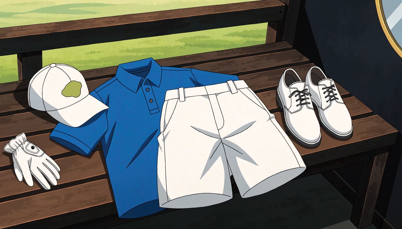 A navy polo and white shorts sit beside a cap, glove, and golf shoes.