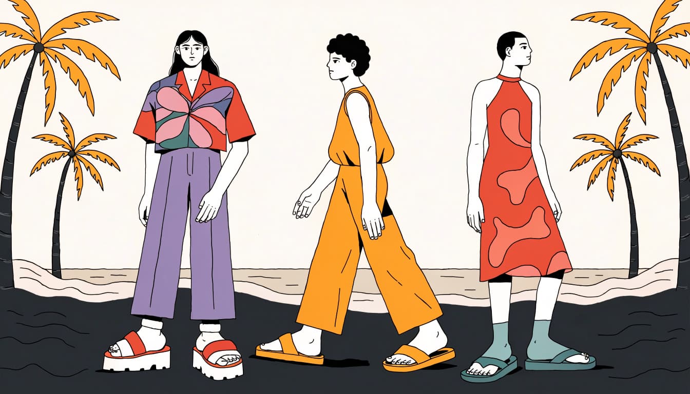 Three friends wear coordinated tropical outfits on a palm-lined beach.