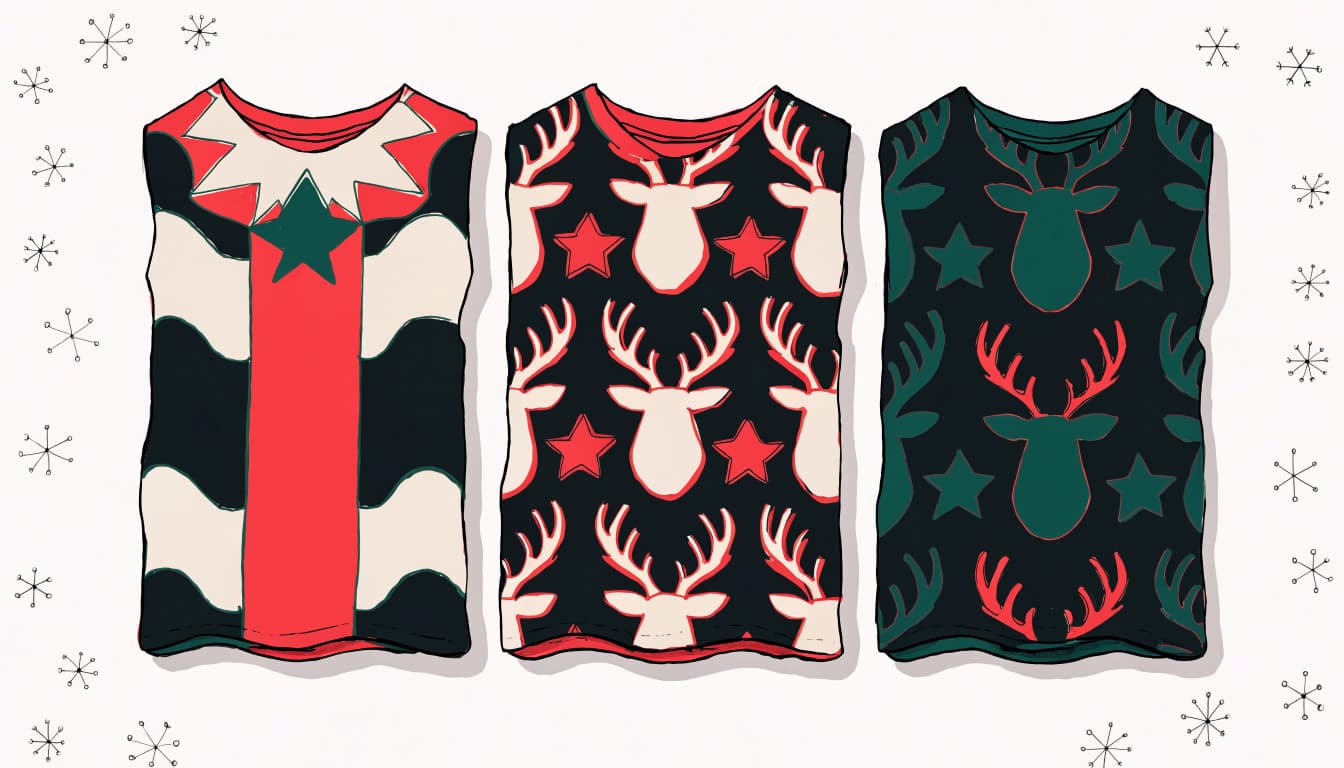 Three folded holiday shirts with different reindeer and star designs sit among paper snowflakes.