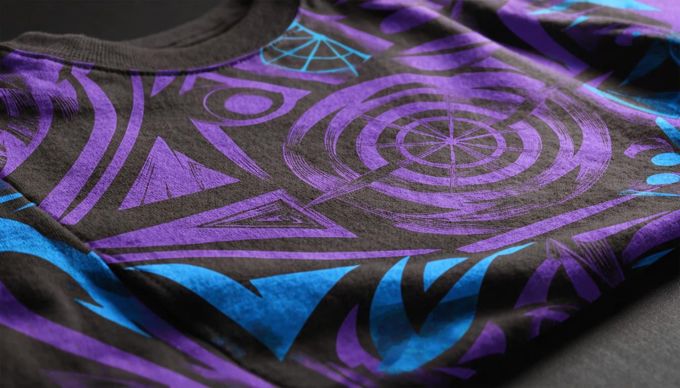 A cotton-blend T-shirt with a detailed chest graphic and visible knit texture on a dark surface.