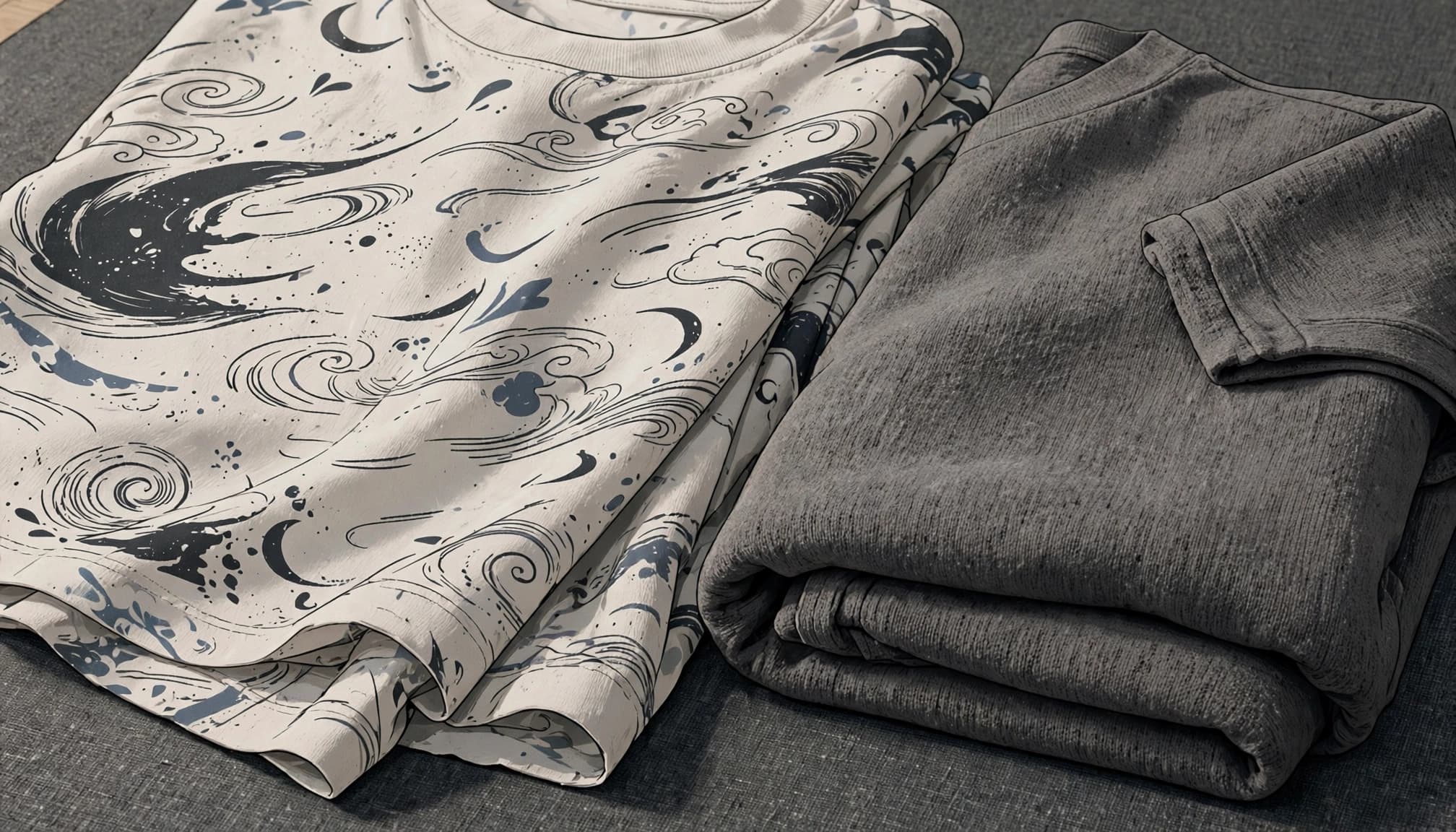 Two folded cotton tees show different fabric textures, with an abstract print on one shirt.