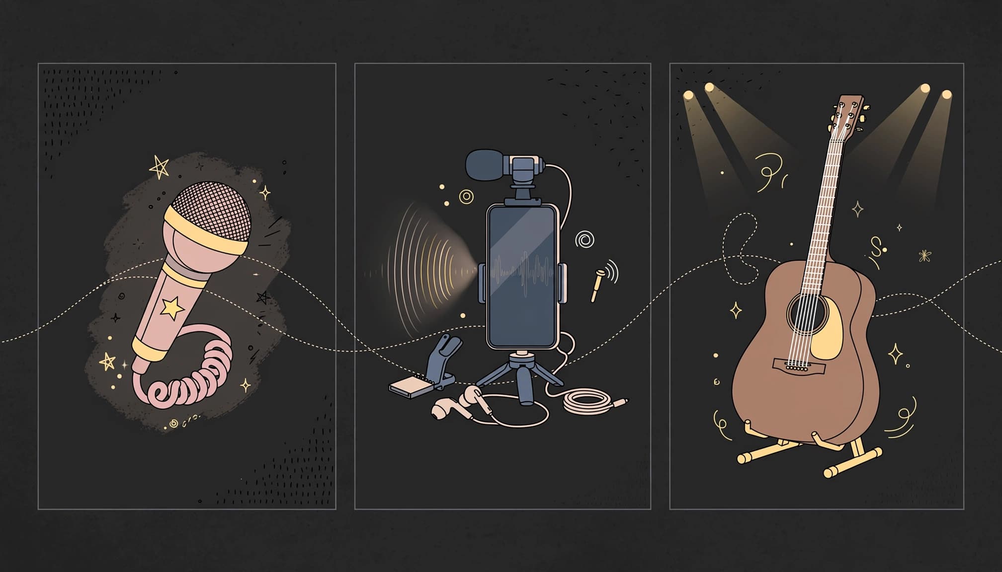 Three panels show a microphone, phone recording setup, and guitar tracing a singer's career.