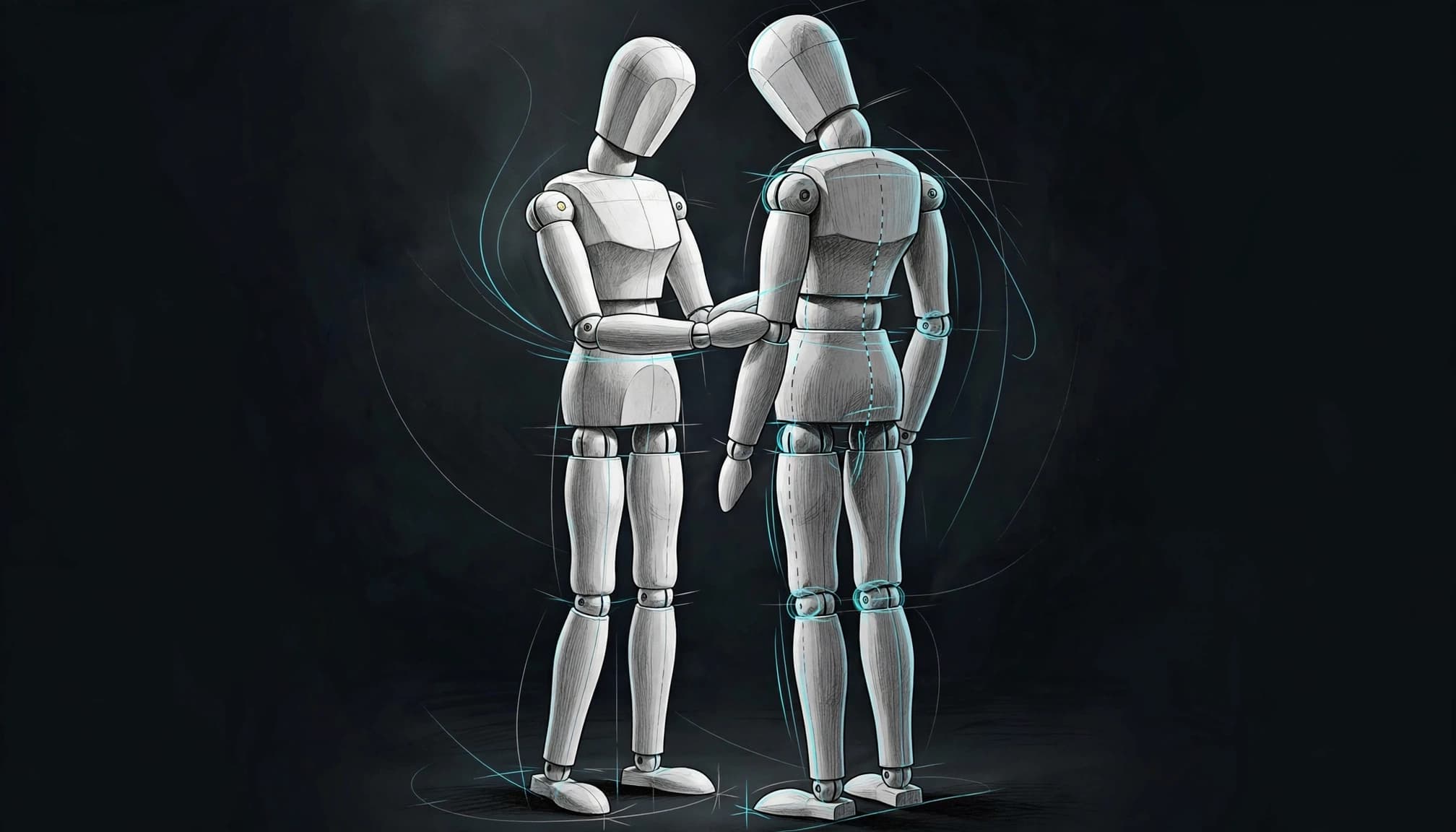 Two mannequin figures stand side by side, with one touching the other's arm.