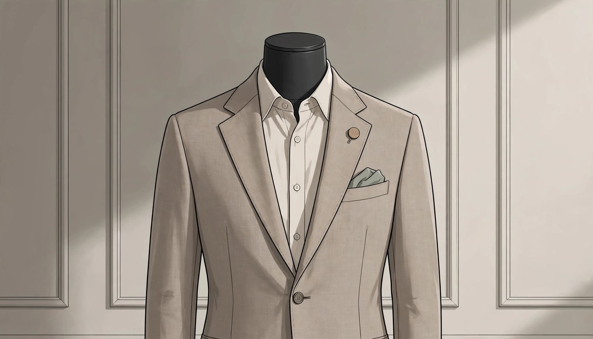 A mannequin in a charcoal jacket and neutral shirt with a small muted accent.