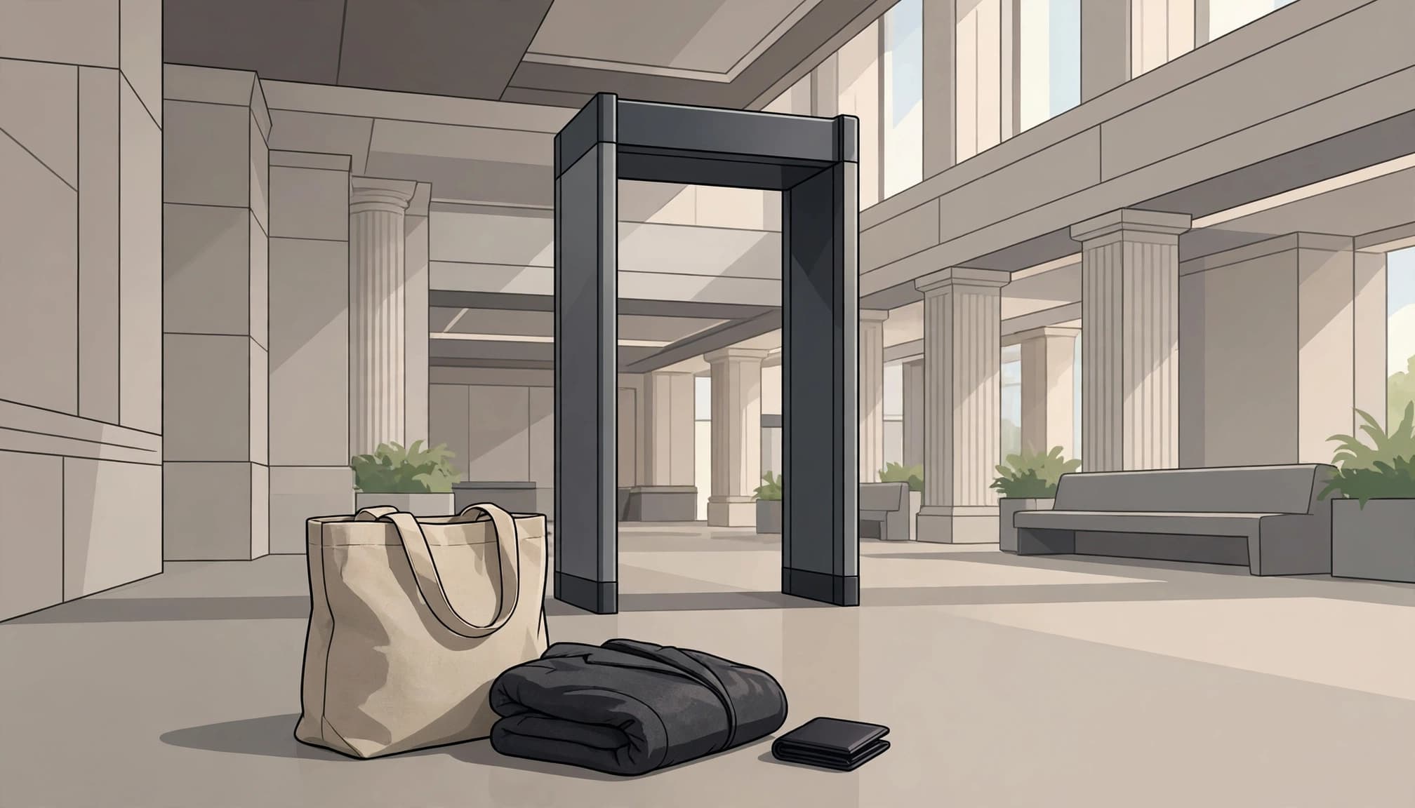 A tote, folded jacket, and closed wallet sit in front of a courthouse security arch.