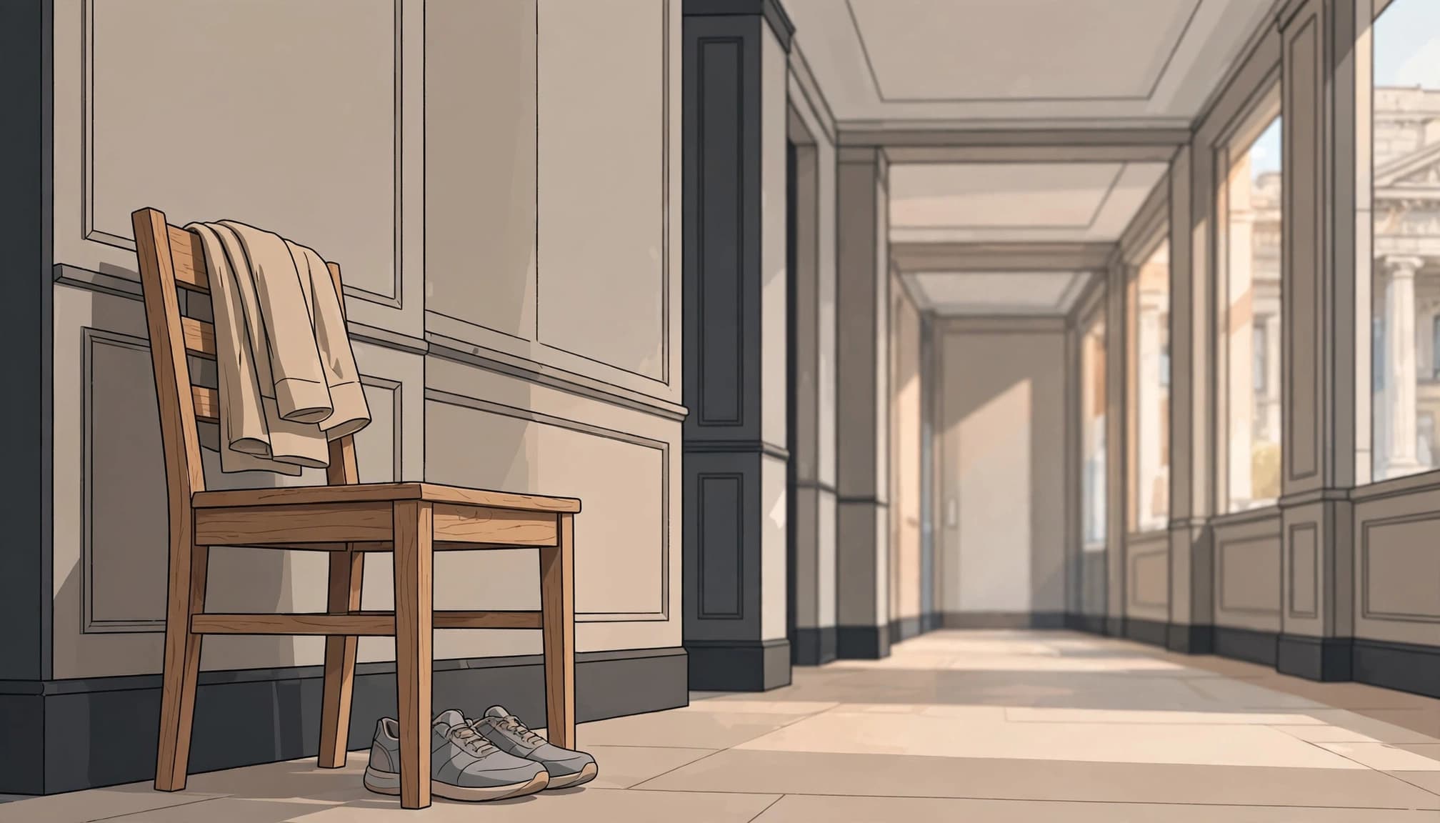 A folded jacket rests on a wooden chair above a pair of shoes.