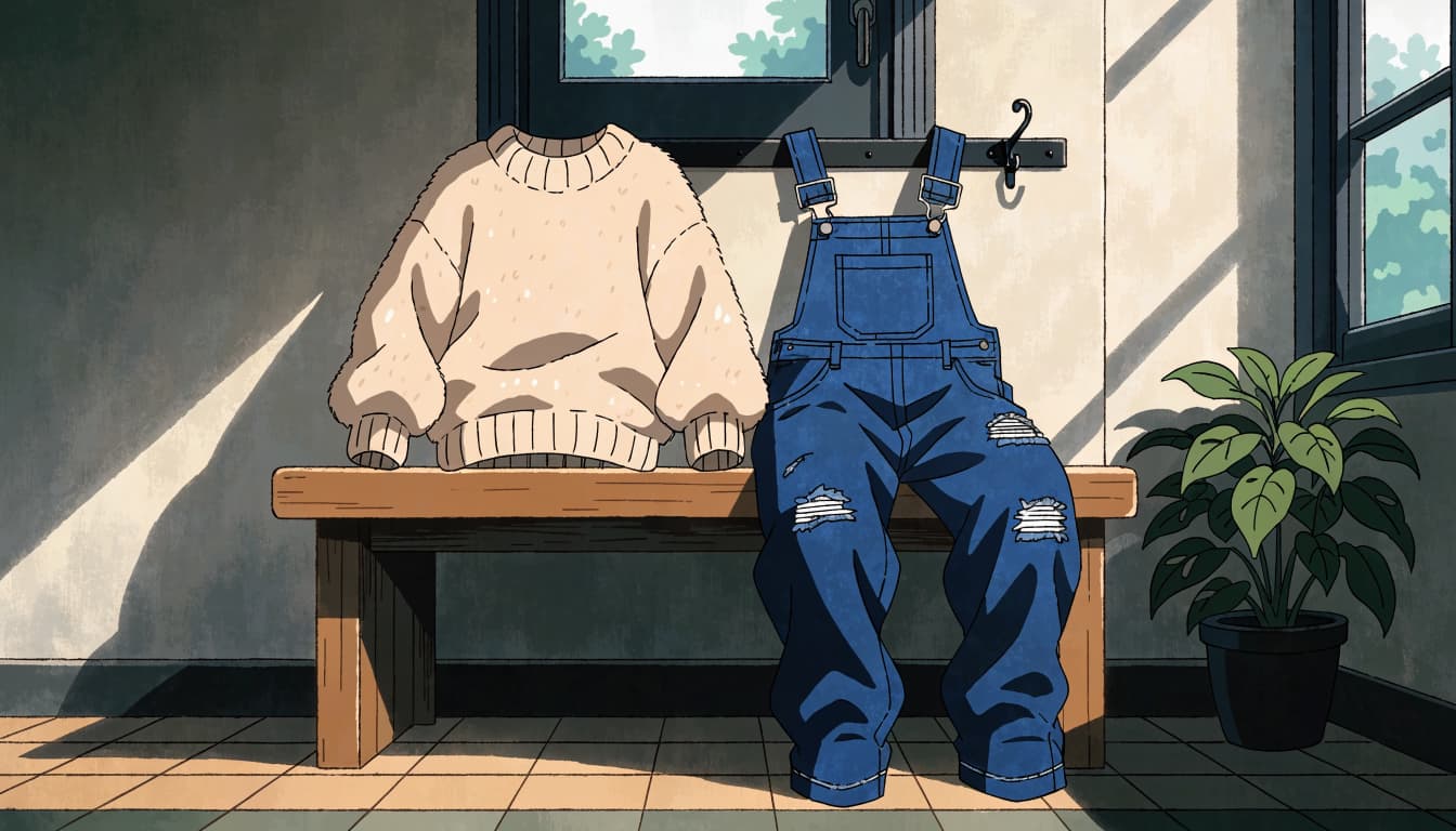 A sweater, overalls, cotton shirt, and sturdy shoes arranged on an entryway bench.
