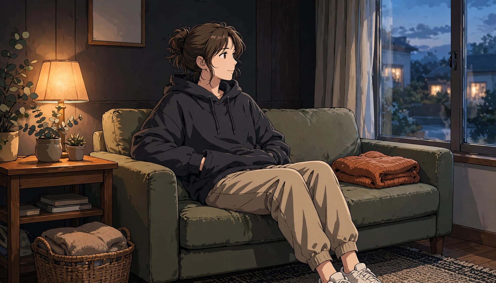 An adult in a hoodie and joggers relaxes on a sofa beside a folded blanket.