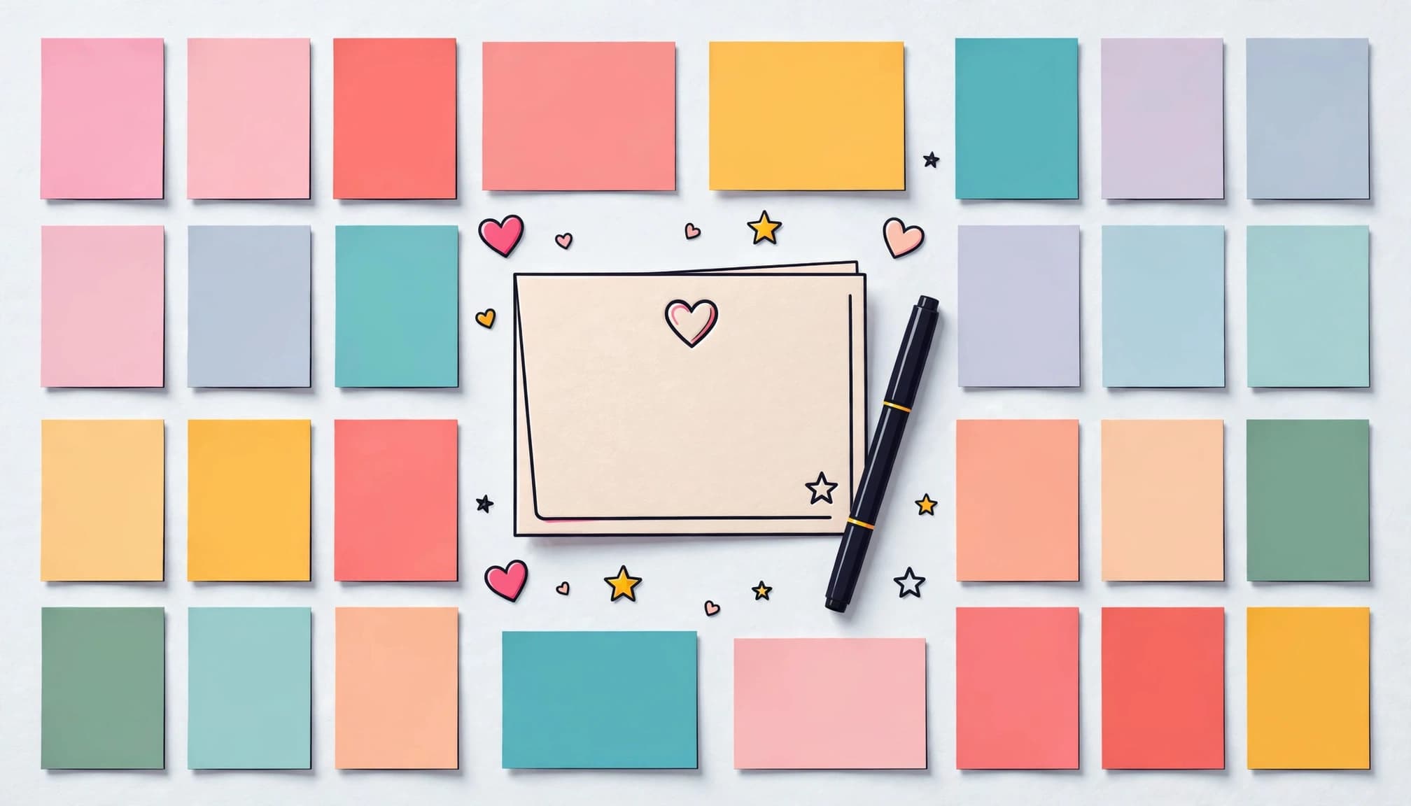 Greeting card, pen, hearts, stars, and colorful note cards arranged on a tabletop.