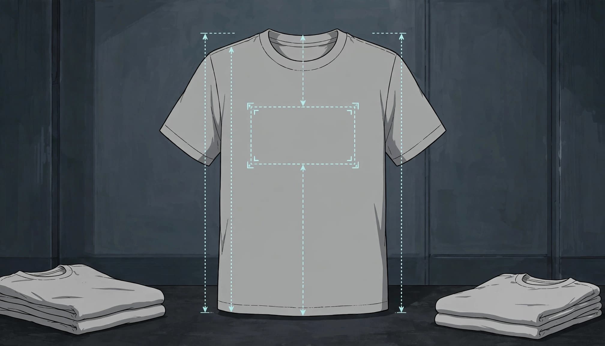 An anime-style illustration of a gray crewneck t-shirt with measurement guides and folded shirts.