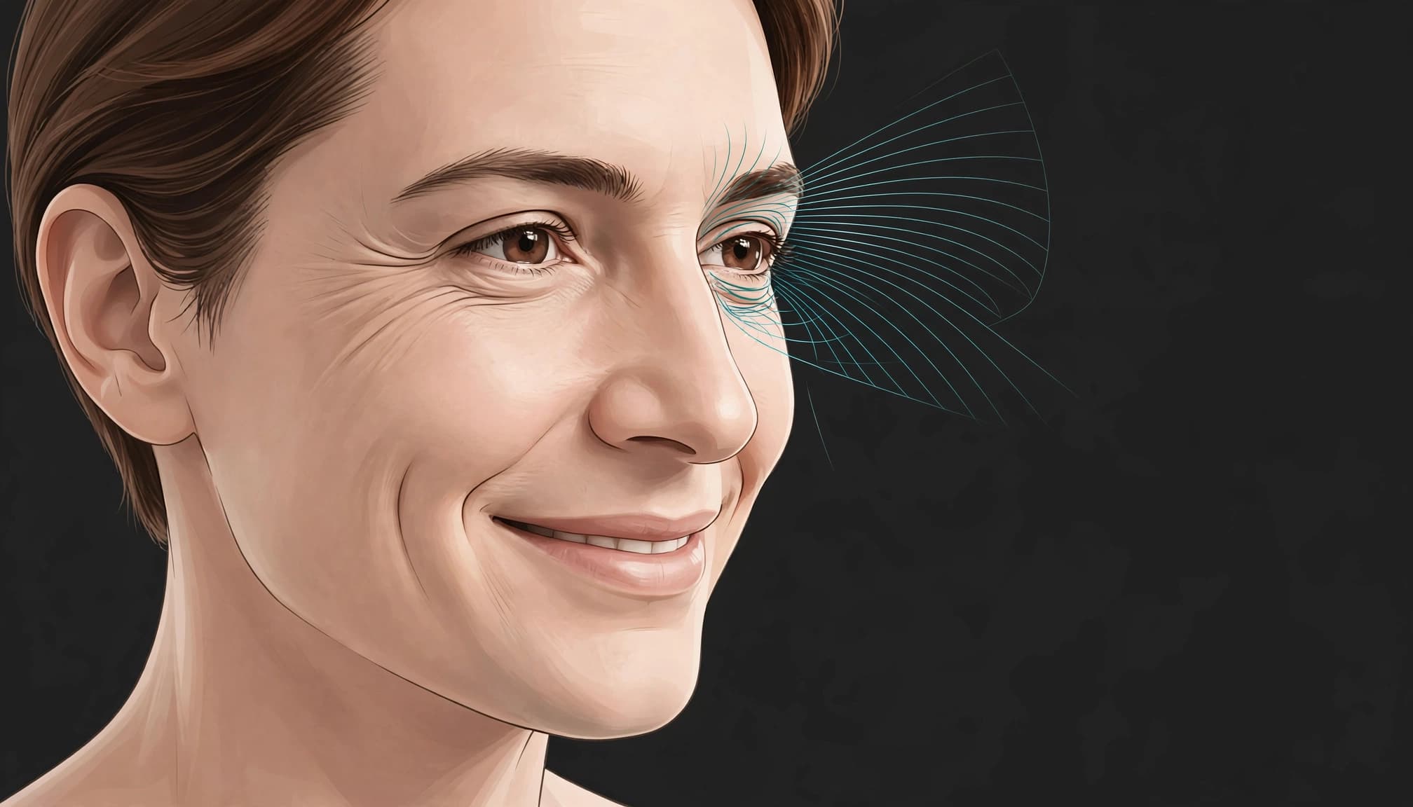 Smiling face with contour lines around the outer eye.