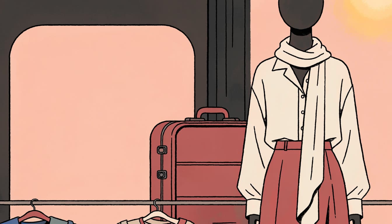 A dress, wrap, blouse, and trousers arranged beside a suitcase in a cruise cabin.