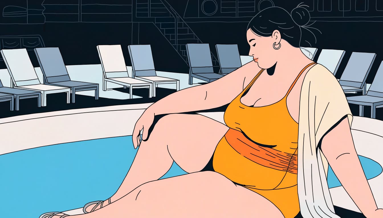 A traveler in a colorful swimsuit and cover-up relaxes beside a cruise ship pool.