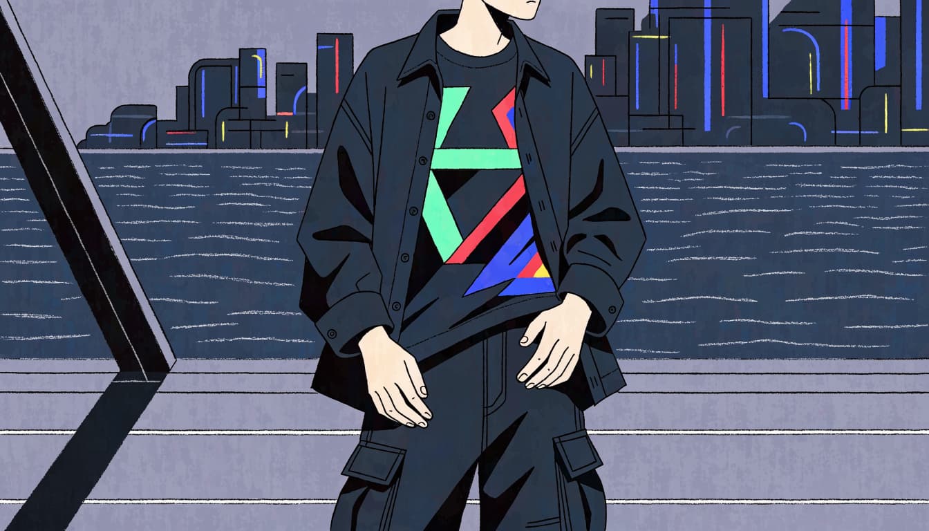 A person in a colorful graphic tee and dark cargos stands by the sea.
