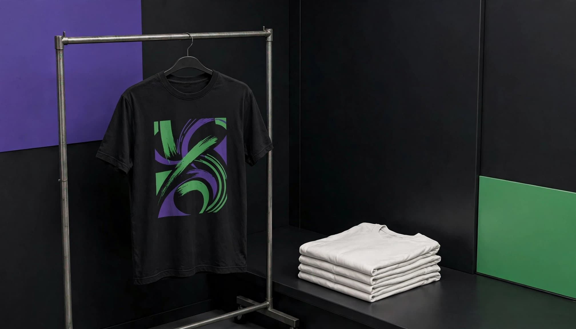 A finished t-shirt hangs beside folded blank shirts on a metal rack.
