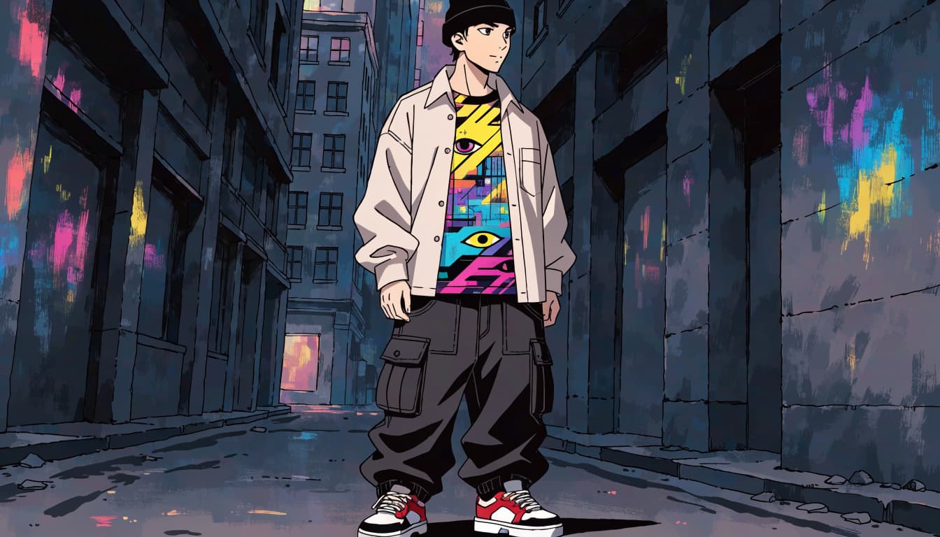 A young man in a graphic tee and dark cargos stands in a neon-lit passage.