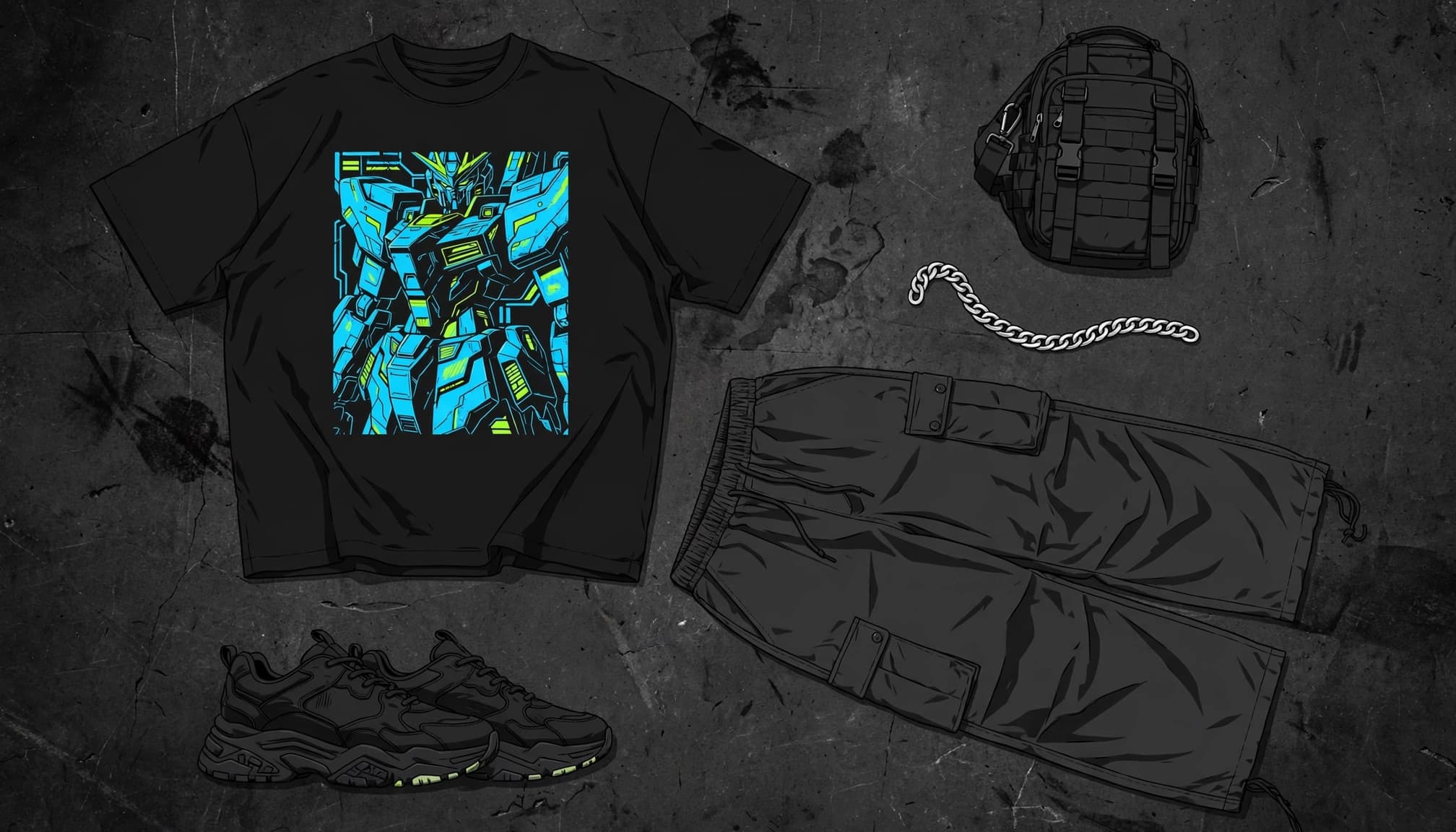 Flat-lay of a black graphic tee, cargo trousers, sneakers, jewelry, and shoulder bag on concrete.
