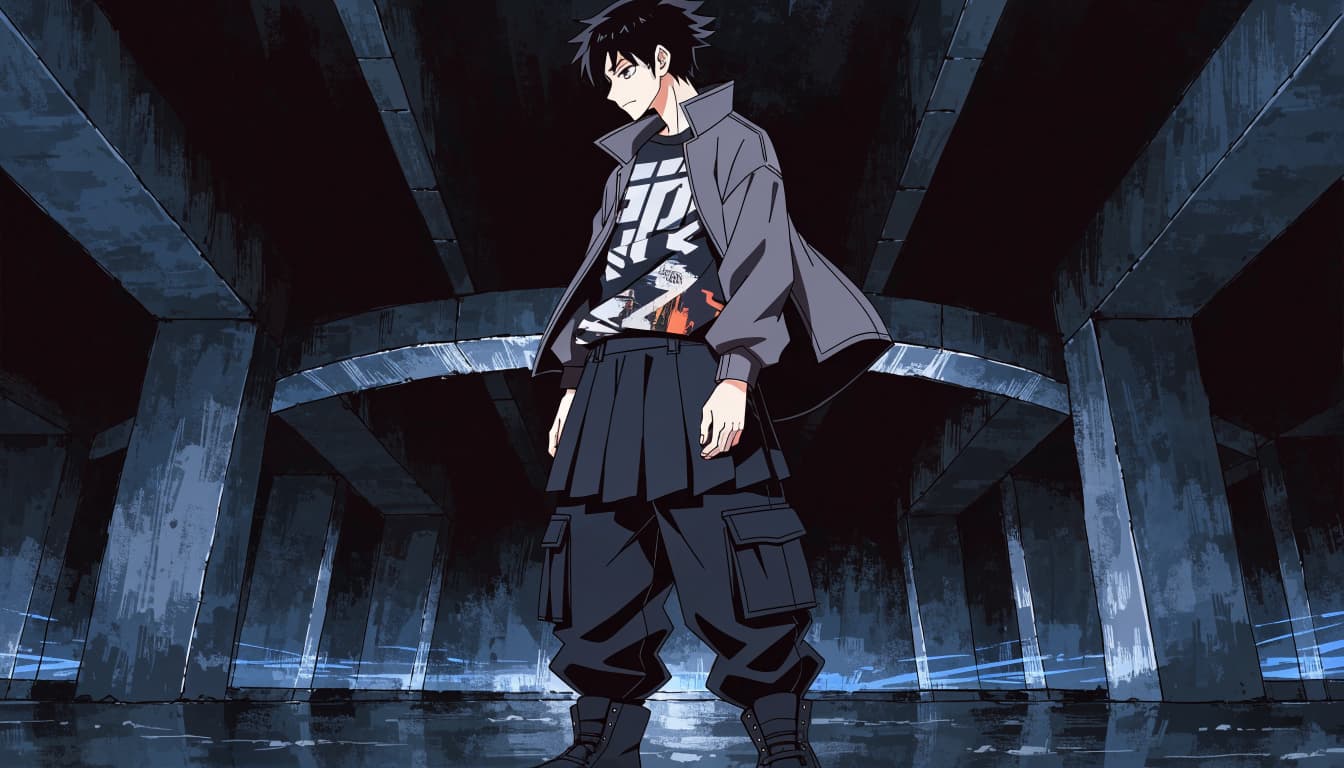 A young adult in layered streetwear stands beneath a concrete underpass.