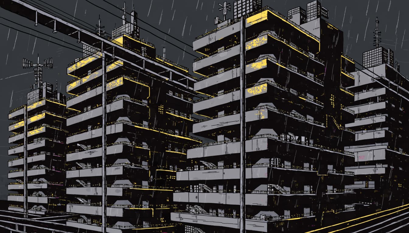 A towering concrete megastructure rises over a rainy city with transit tracks and neon windows.