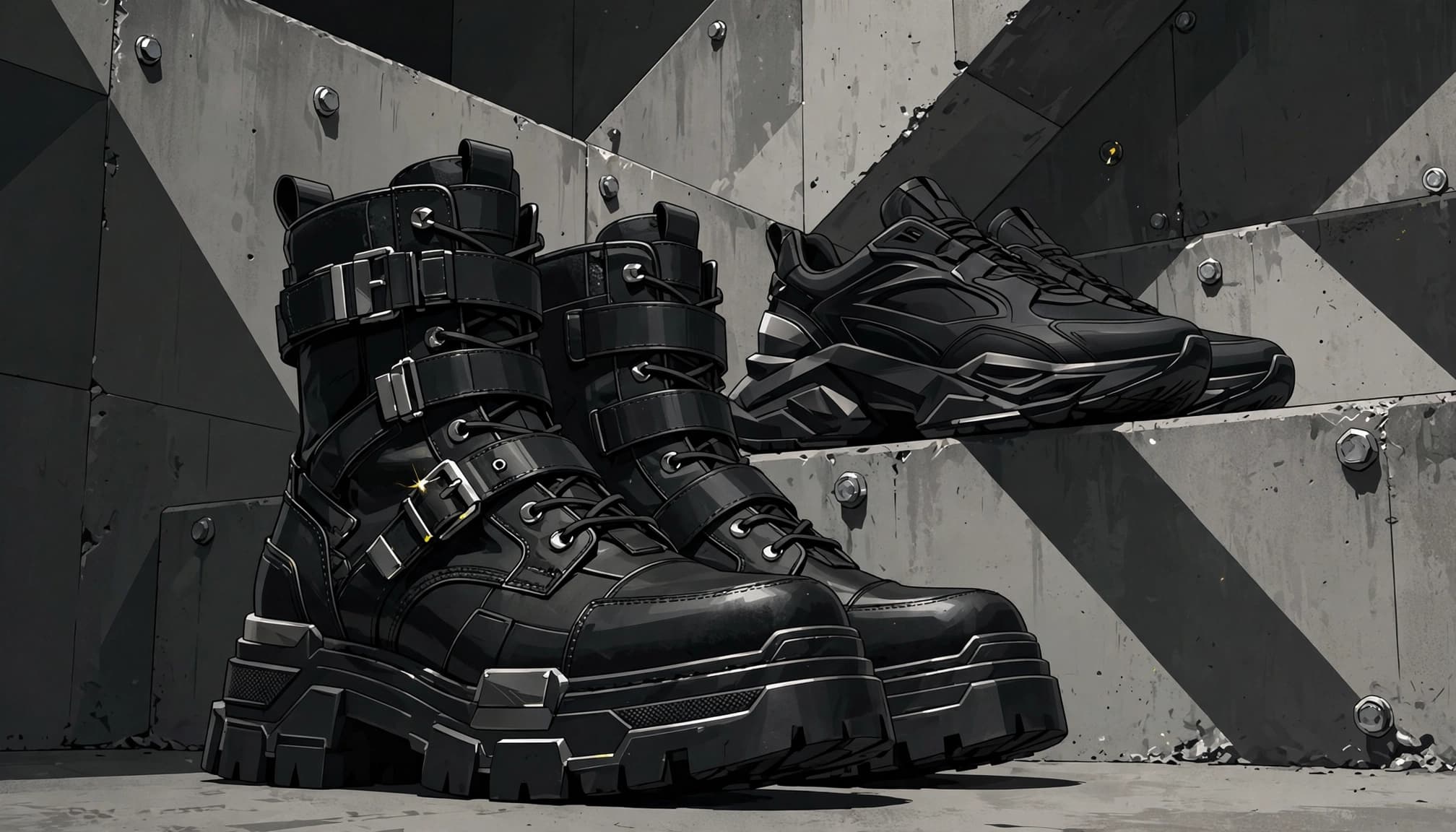 Black combat boots stand before sculptural sneakers in a concrete stairwell.