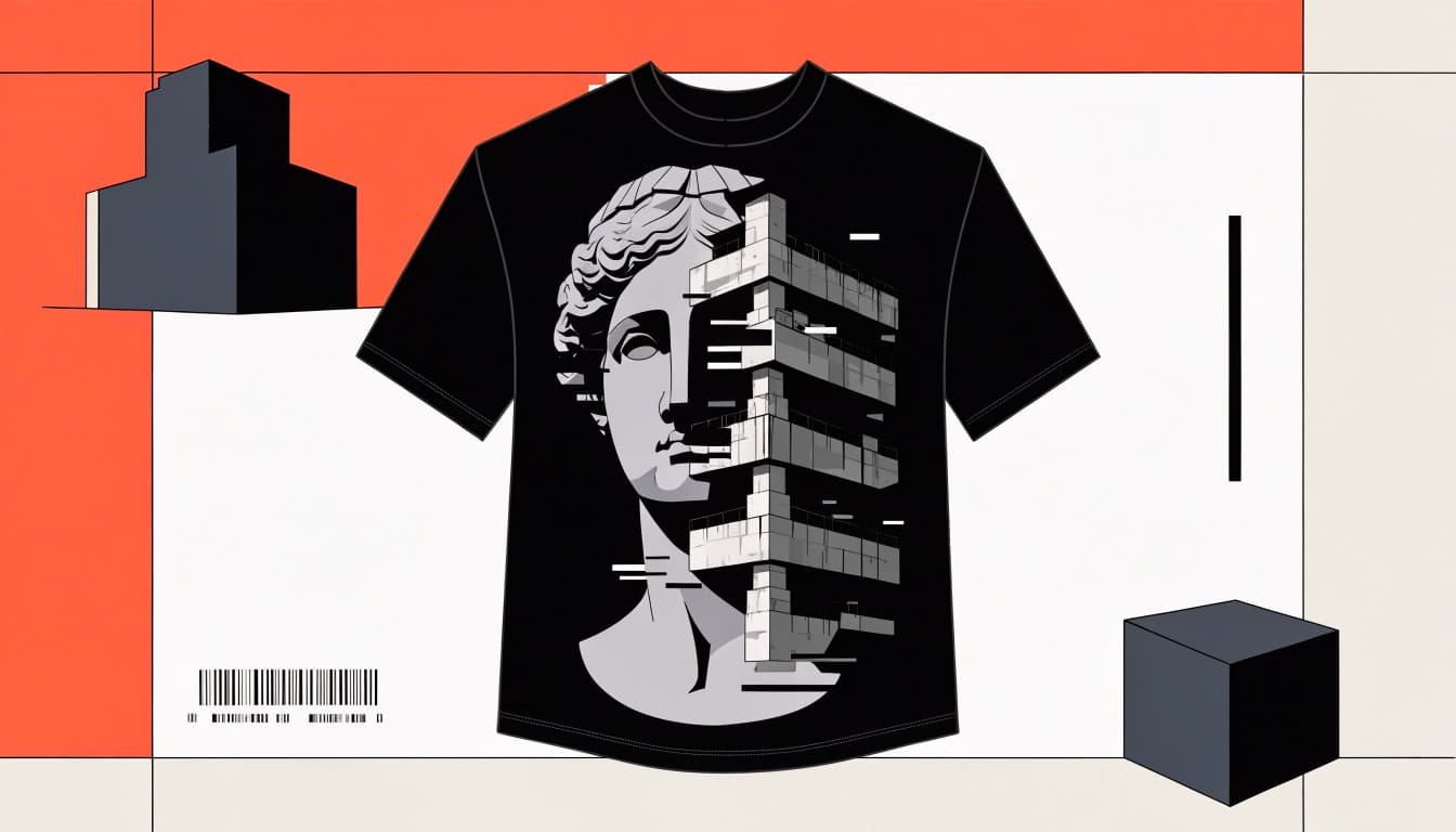 A black T-shirt shows a marble bust, concrete structure, and glitch bars.